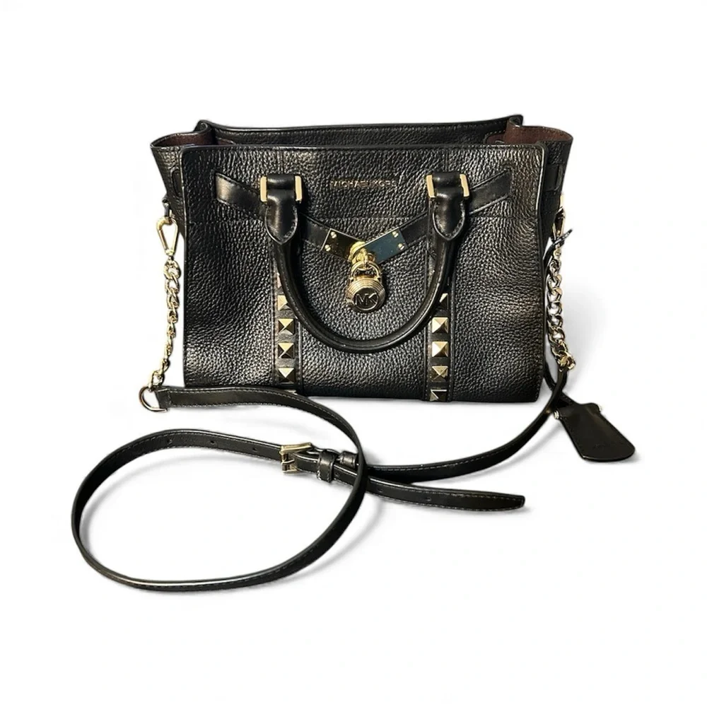Micheal Kors Hamilton small satchel bag in black pebble leather and gold accents